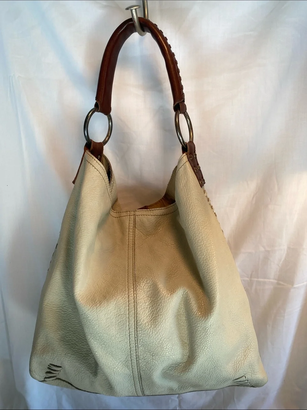 Lucky Brand Leather Hobo Shoulder Bag in Cream with Brown Handle